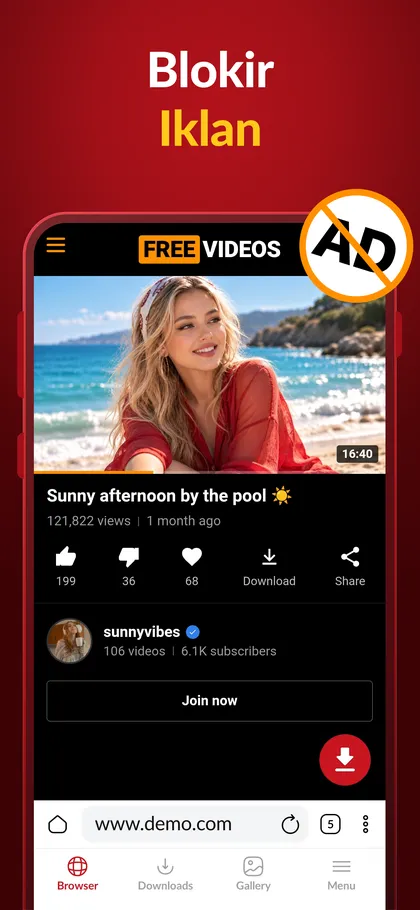 Browser aplikasi terbuka di situs video, tanpa iklan