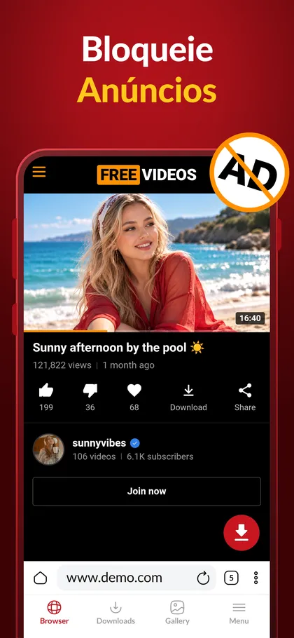 Navegador do app aberto em um site de vídeos, sem anúncios