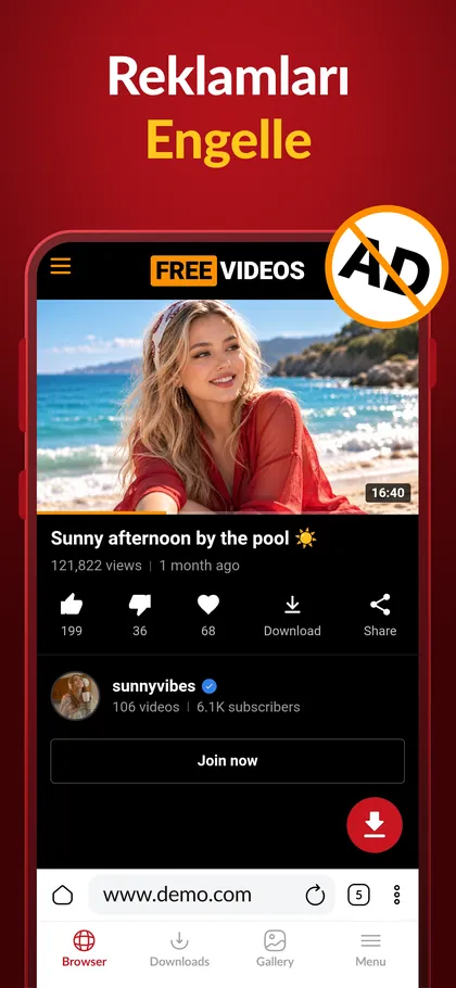 Uygulamanın tarayıcısı reklamsız bir video sitesinde açık